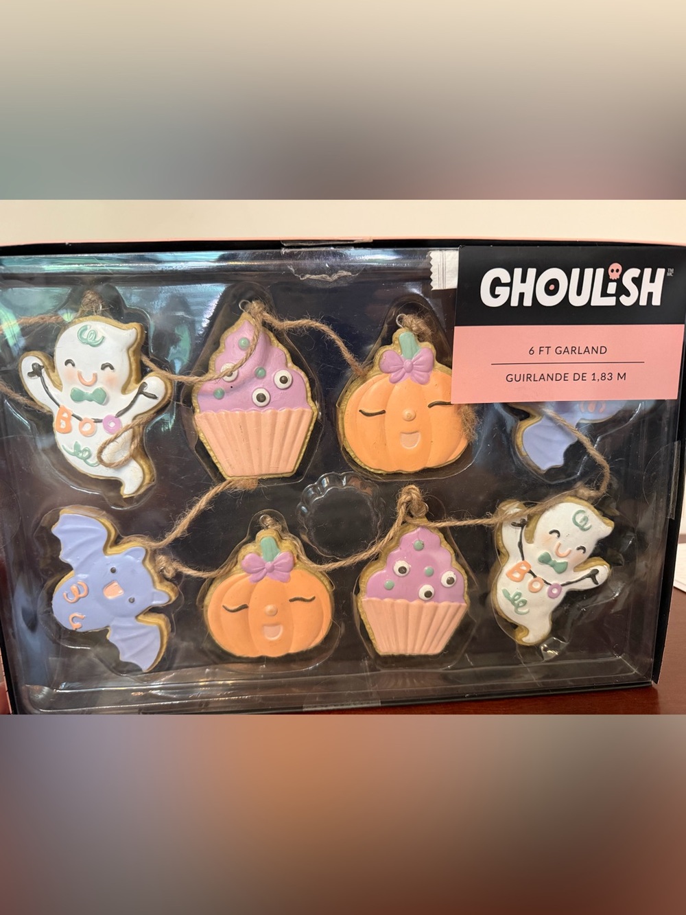 GHOULISH 6ft Halloween Twine Garland Multicolor Ghost Pumpkin Bat Cupcake Decor